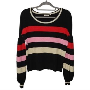 Embossed multi colored knit striped puff sleeve sweater Size Large EUC